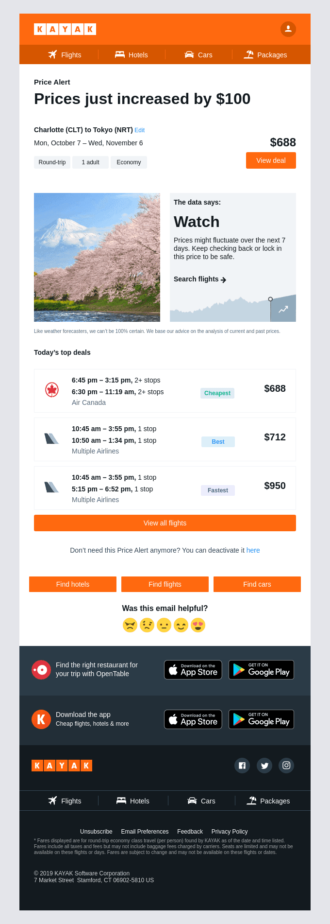 Price Increase: Airfare from CLT to NRT up $100.