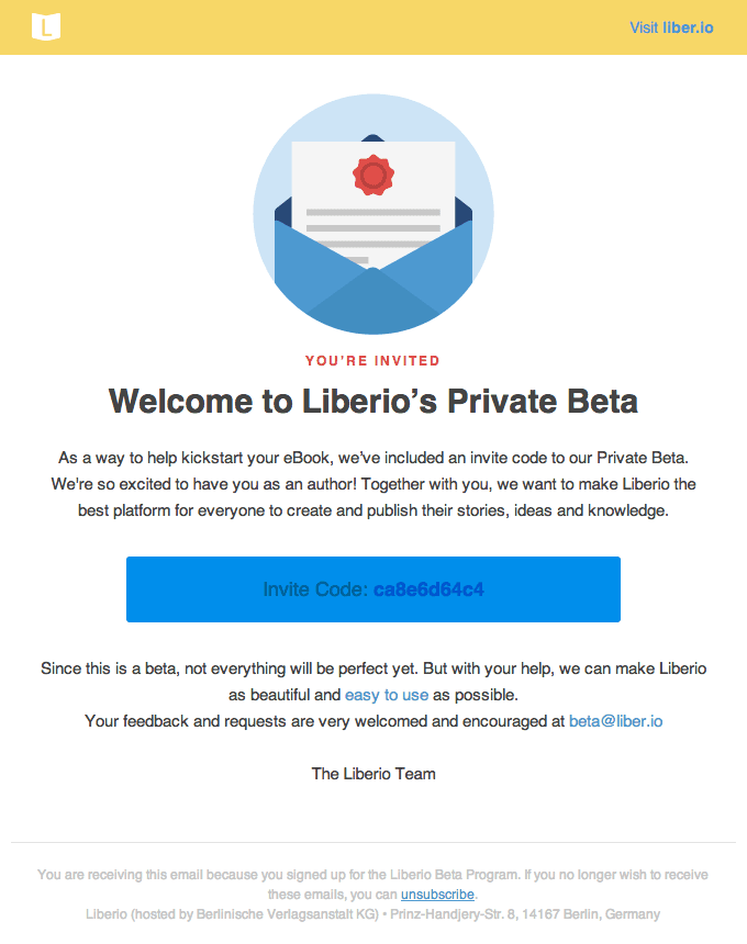 Private Beta Welcome Email Design from Liberio