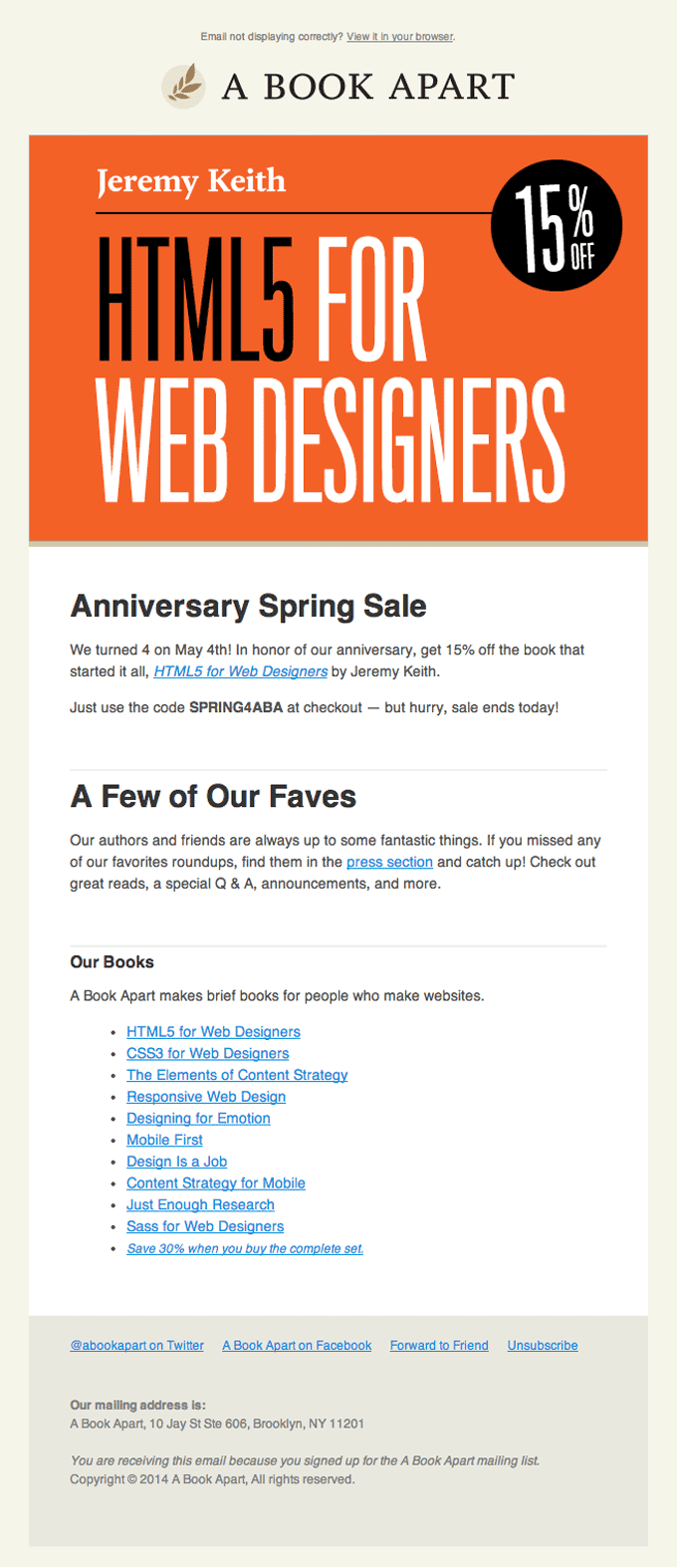 Product Sale Email Design from A Book Apart
