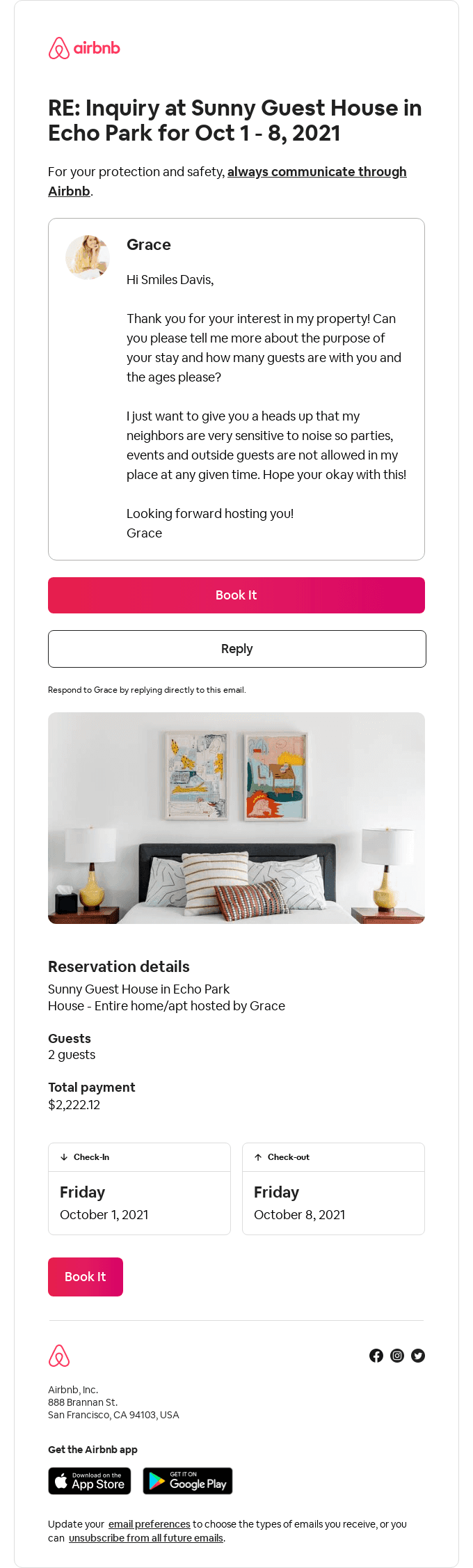 RE: Inquiry at Sunny Guest House in Echo Park for Oct 1 - 8, 2021