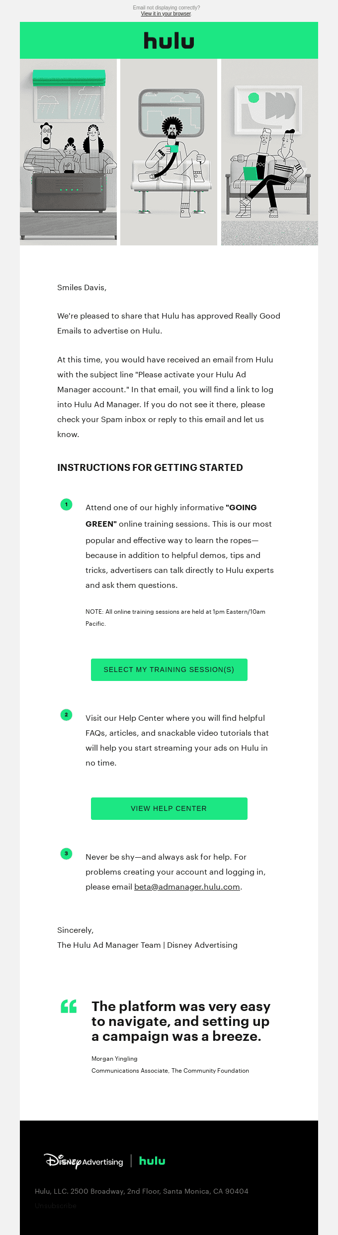 Really Good Emails approved for Hulu Ad Manager
