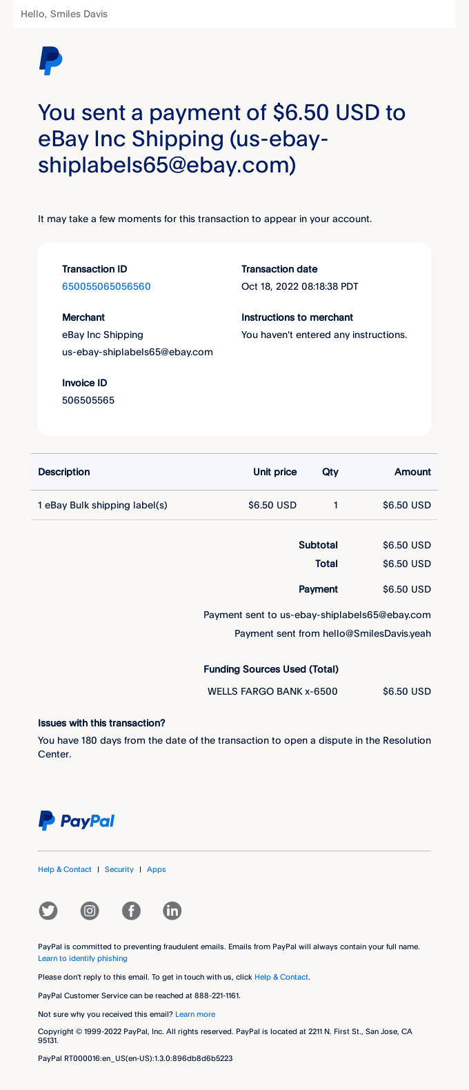 Receipt for Your Payment to eBay Inc Shipping