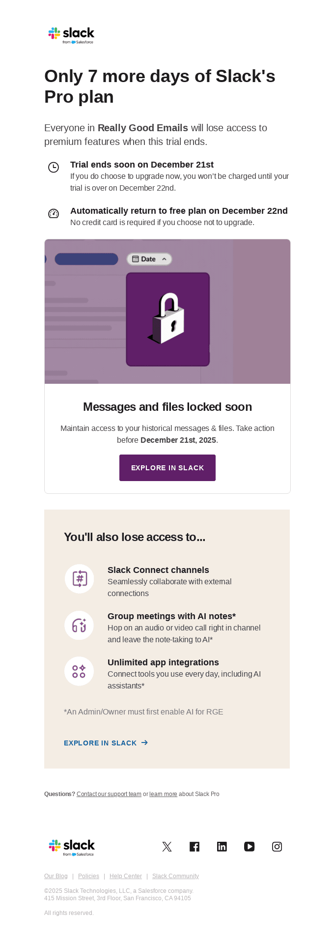 RGE's free trial of Slack Pro ends in 7 days