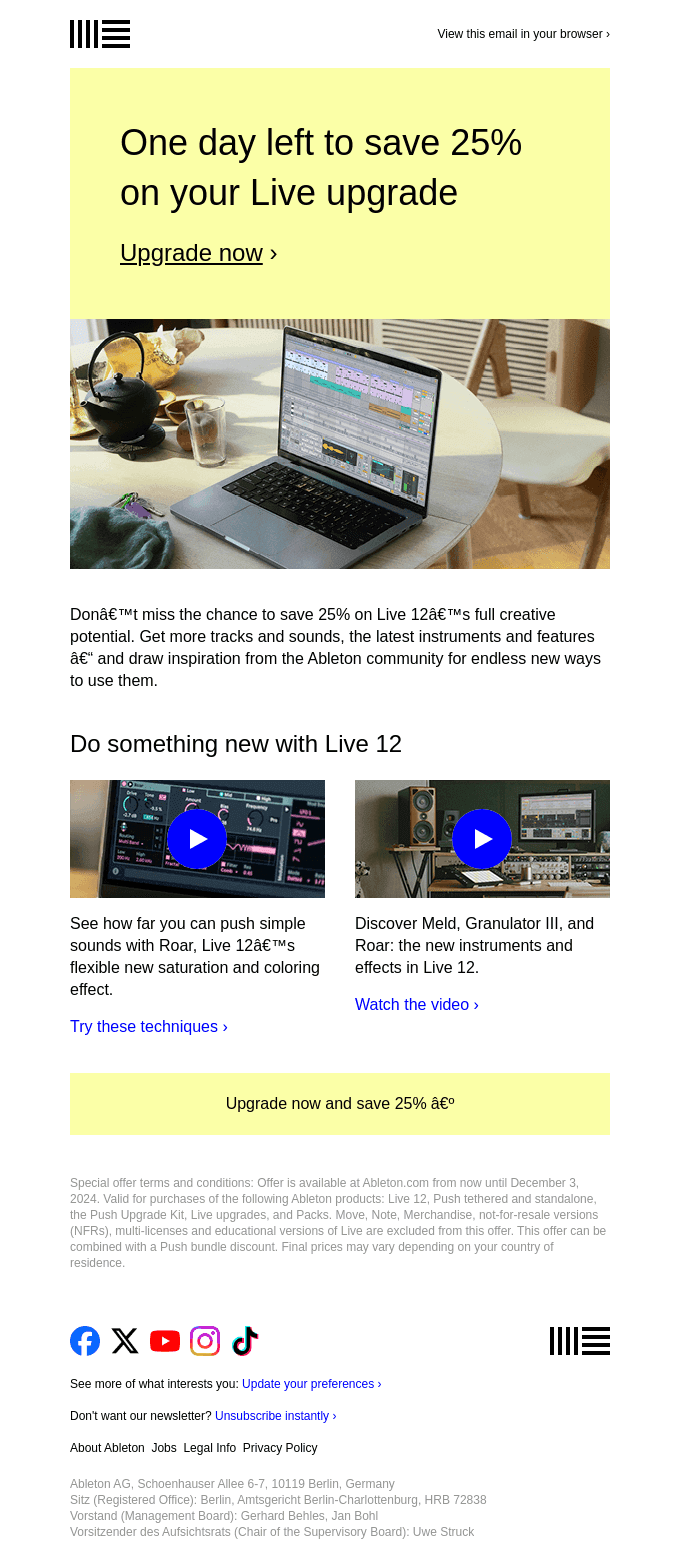 Save 25% on your Ableton Live upgrade, only until tomorrow