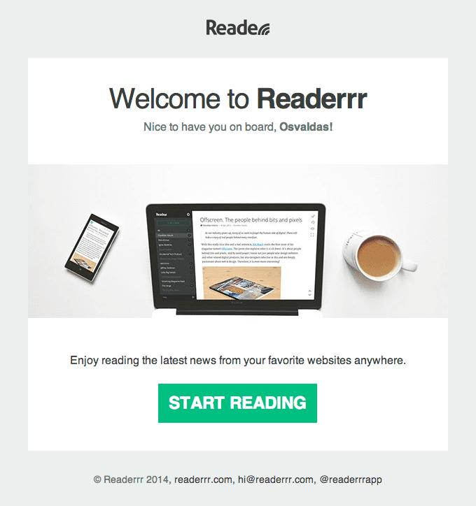 Simple Effective Welcome Email from Readerrr