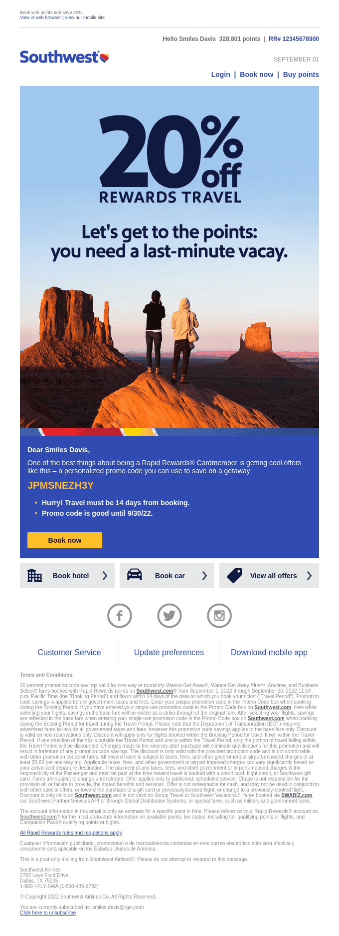 Smiles Davis, 20% off reward travel. You earned it.