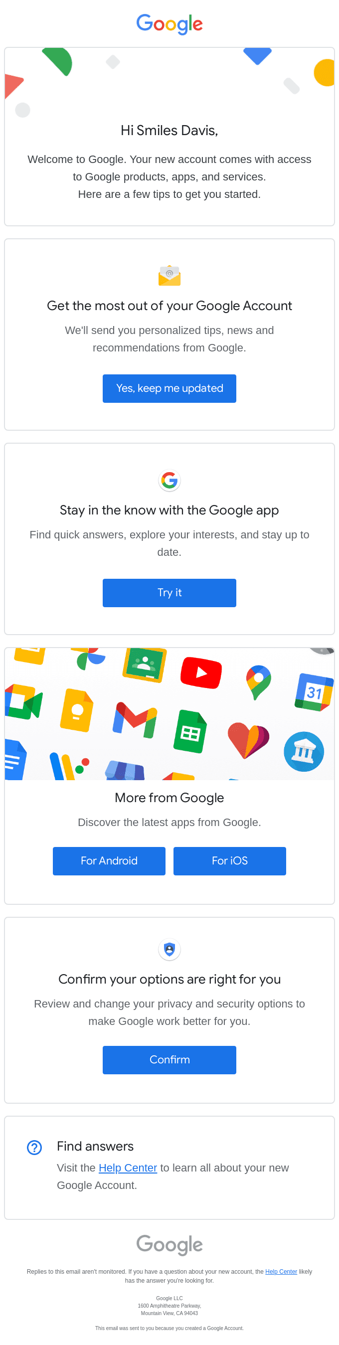 Smiles Davis, finish setting up your new Google Account