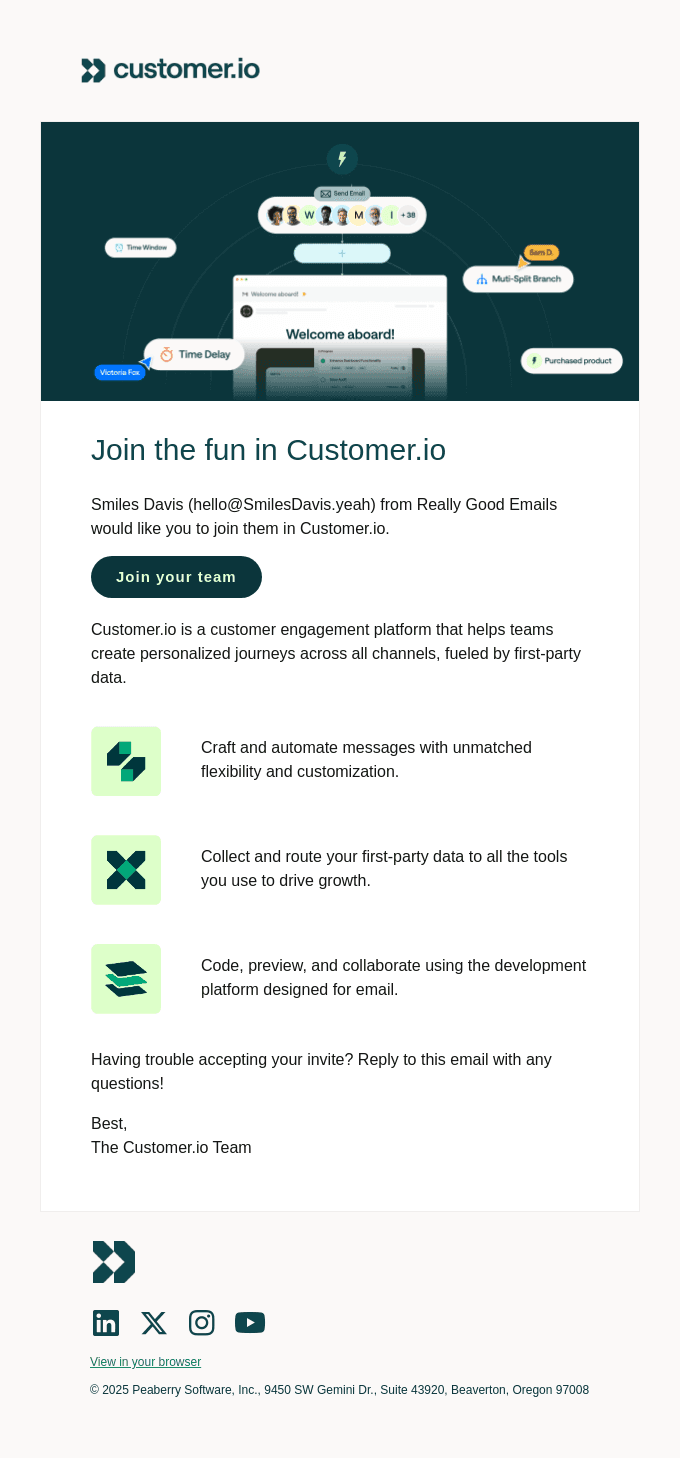 Smiles Davis has invited you to Customer.io