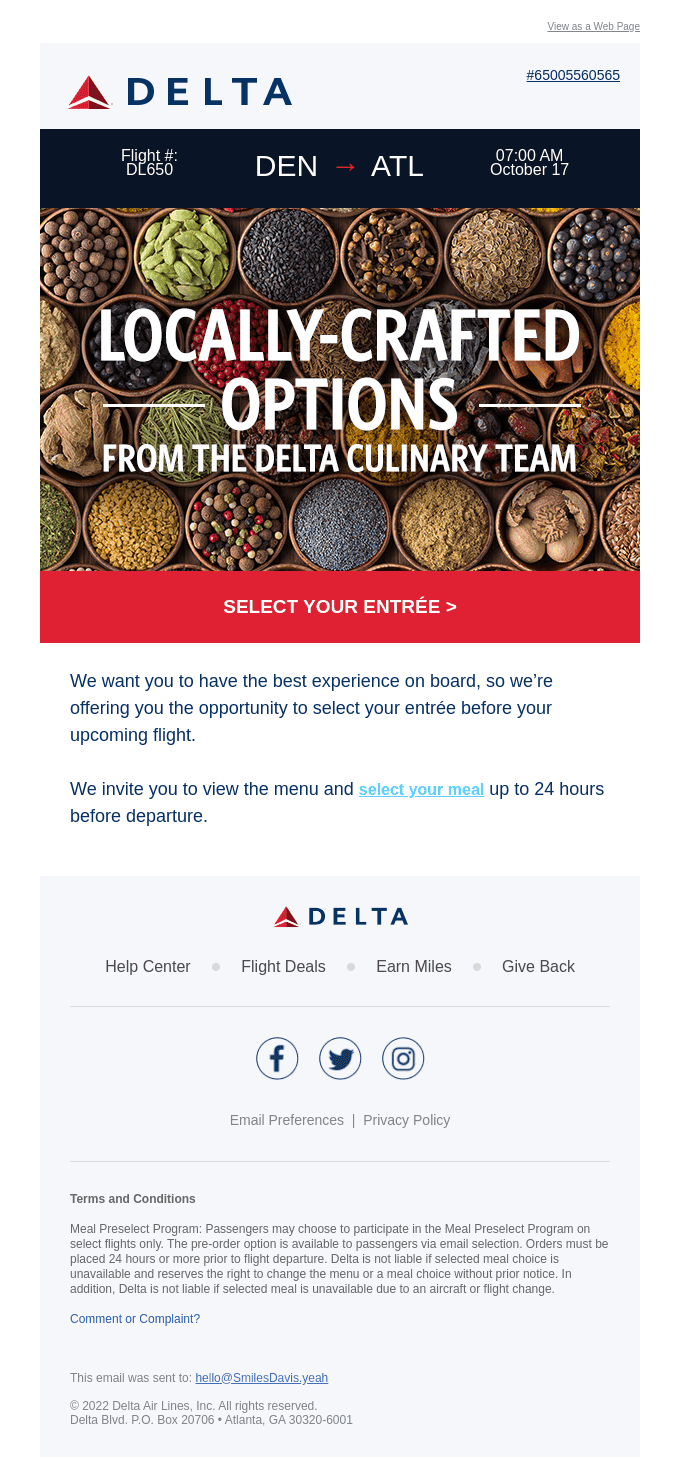 Smiles Davis, Select Your Meal Before Your ATL Flight