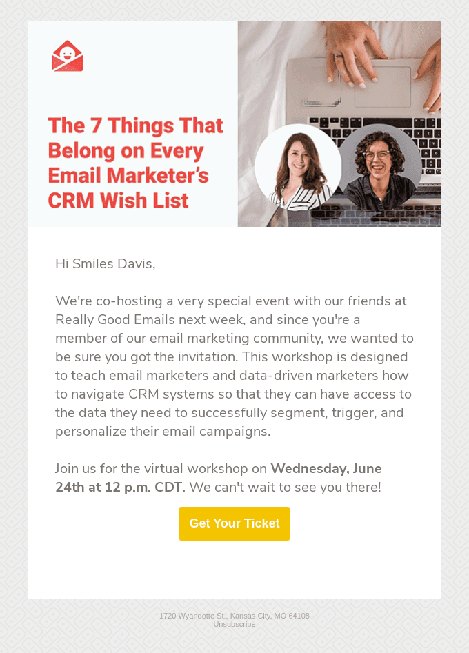 Smiles Davis, we're co-hosting a special email event next week!
