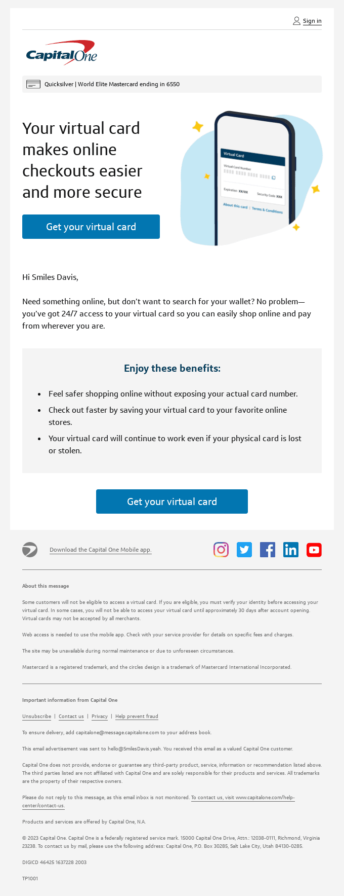 Smiles Davis, your virtual card is waiting for you