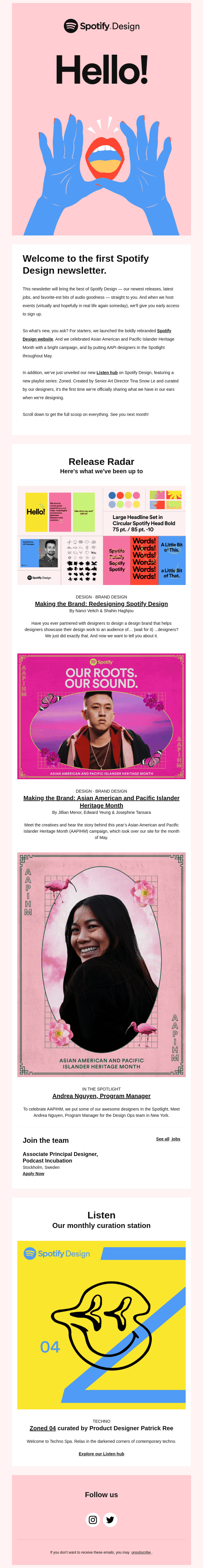 Spotify Design Newsletter 01 - Celebrating our new brand, AAPIHM, and our new playlist series Zoned