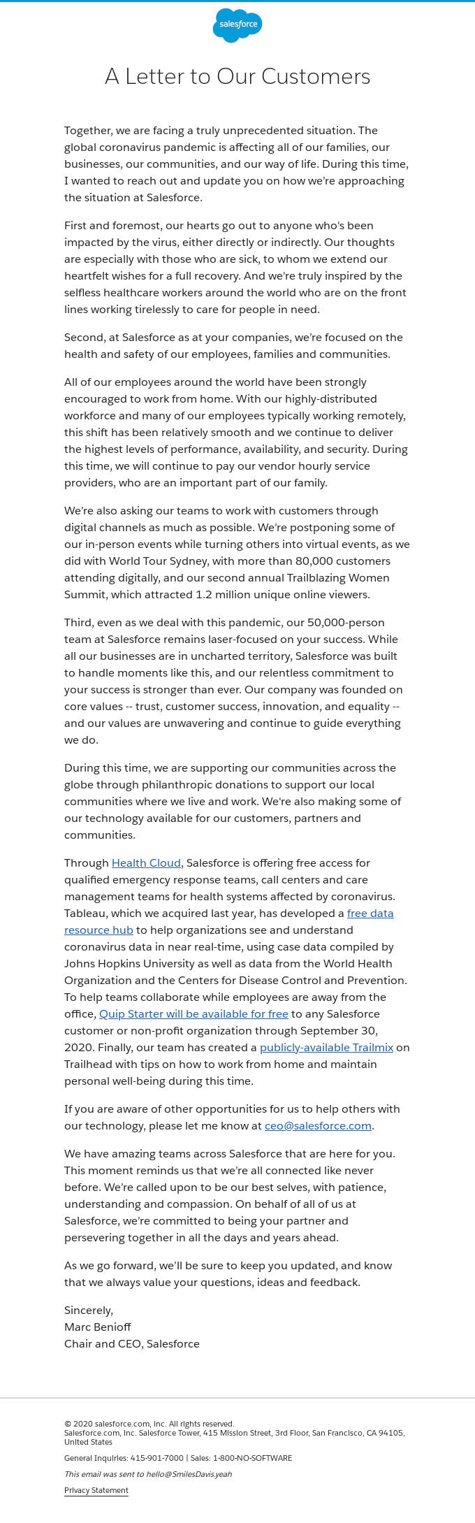 Standing together with our Salesforce family during the COVID-19 pandemic.