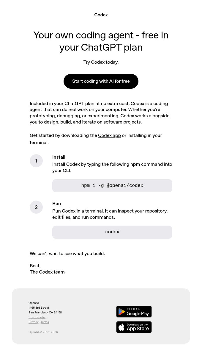 Start AI coding for free on Codex