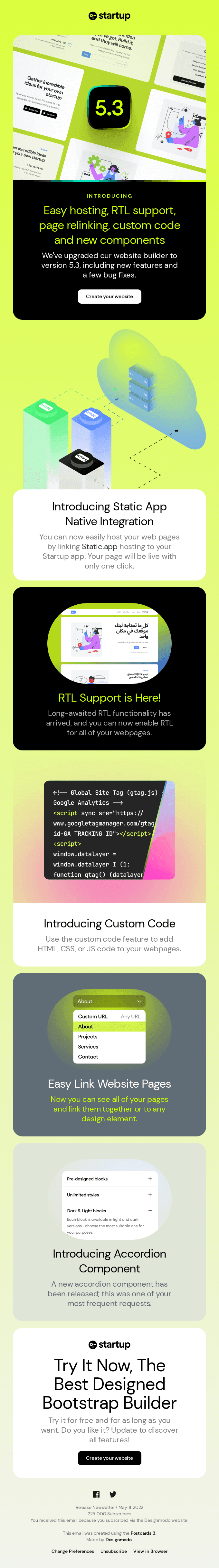 Startup 5.3 is here! Website hosting, RTL support, page relinking, custom code and new components