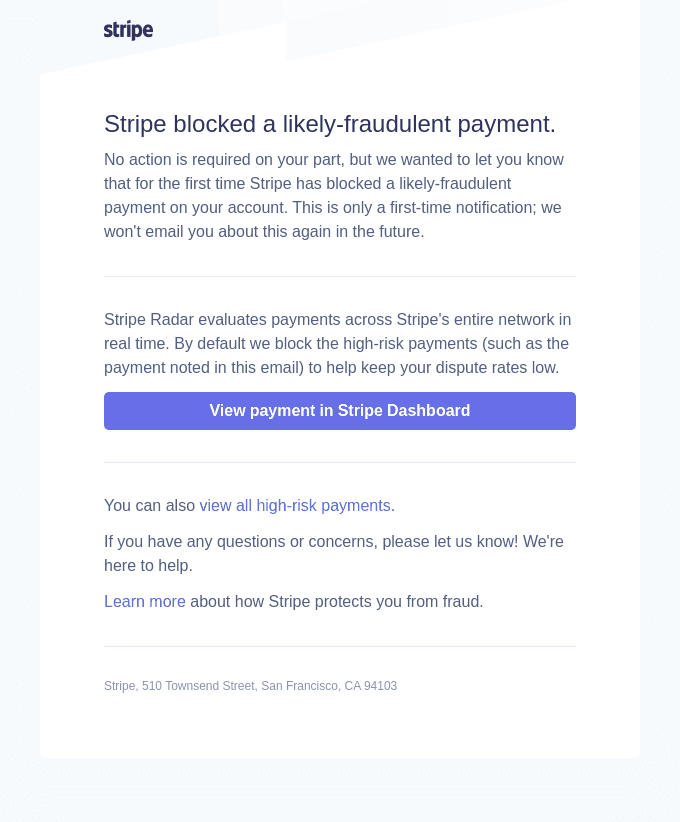 Stripe blocked a high-risk payment on your account
