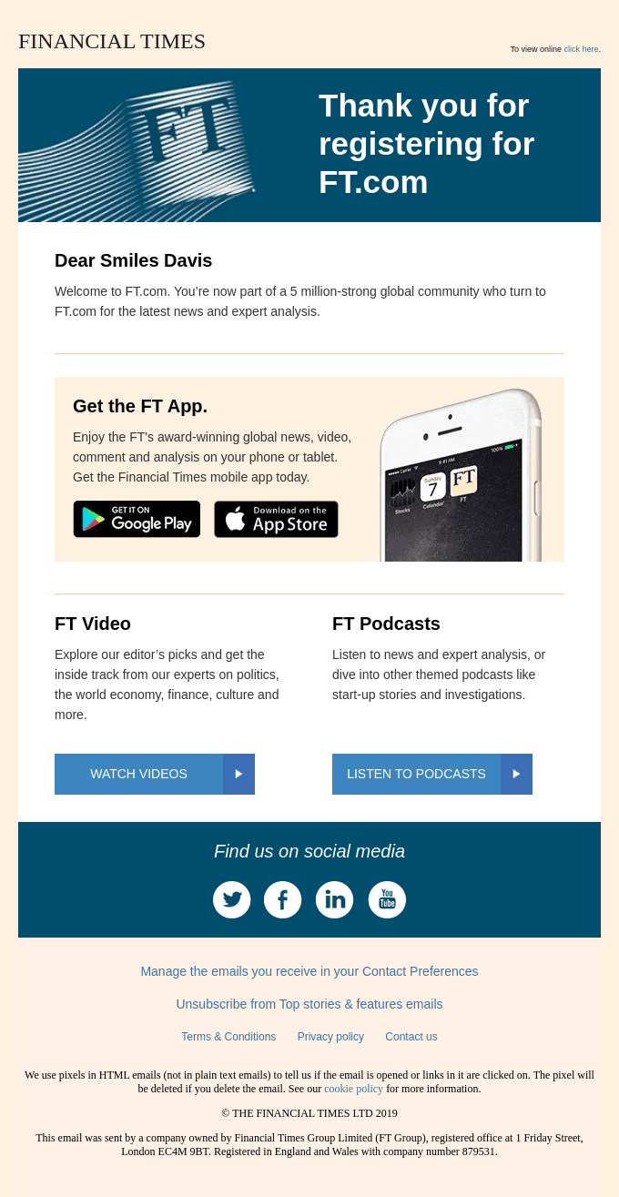 Thank you for registering for FT.com