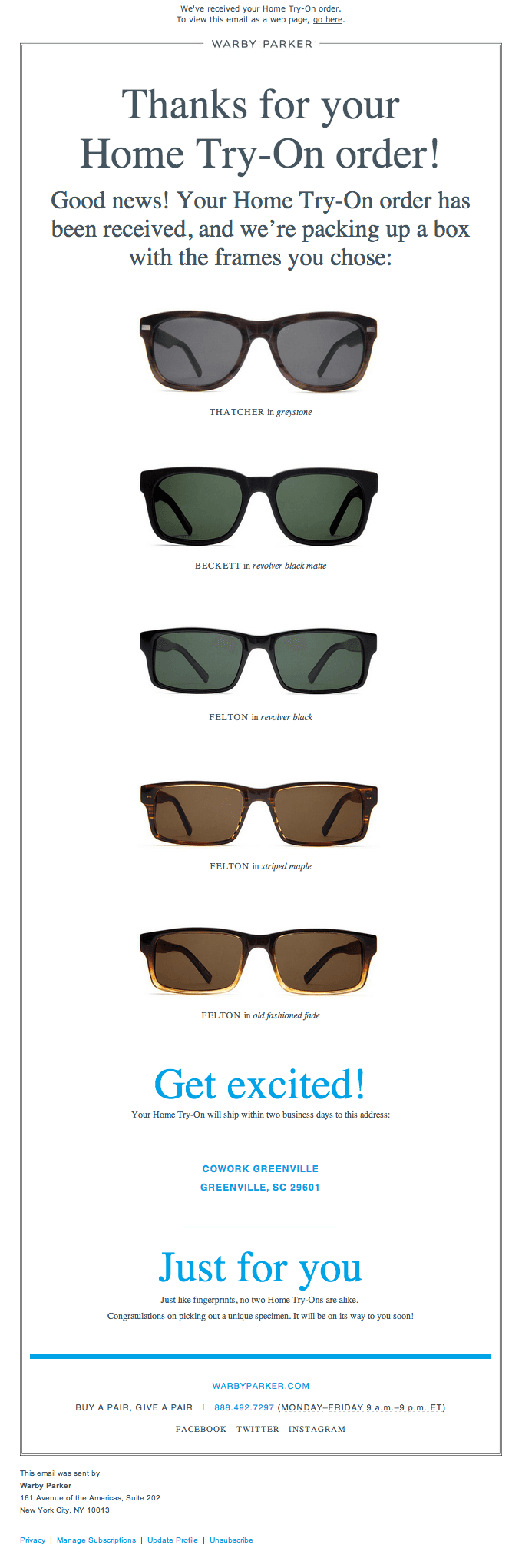 Thank you for your Order Email Design from Warby Parker