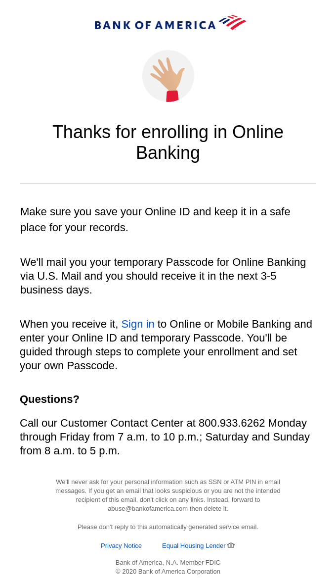 Thanks for enrolling in Online Banking