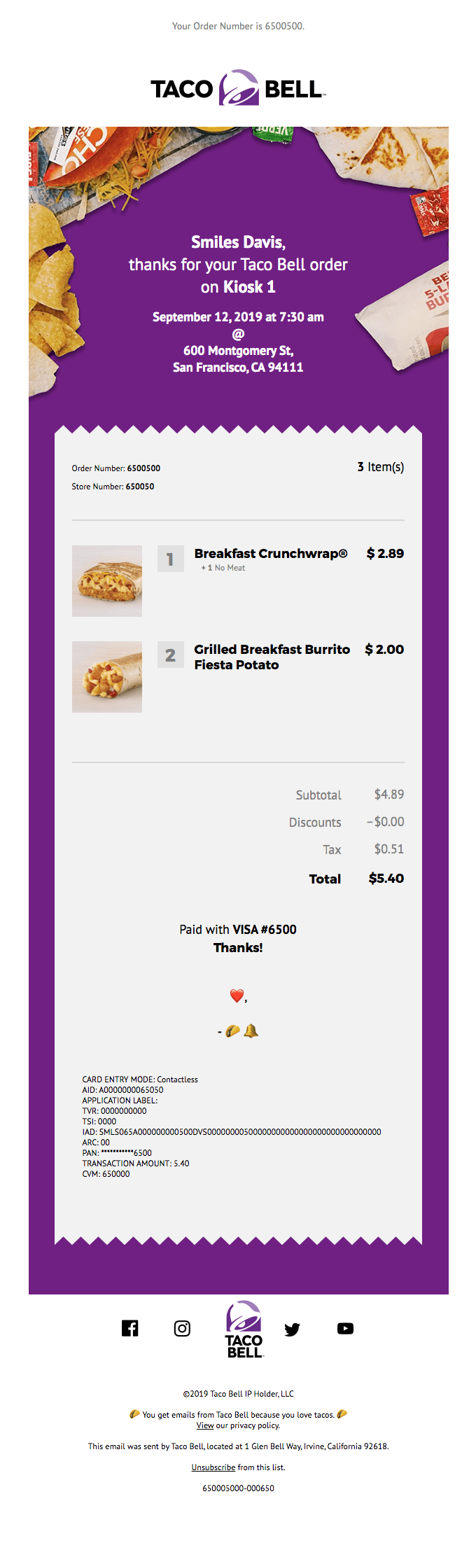 Thanks for ordering from Taco Bell