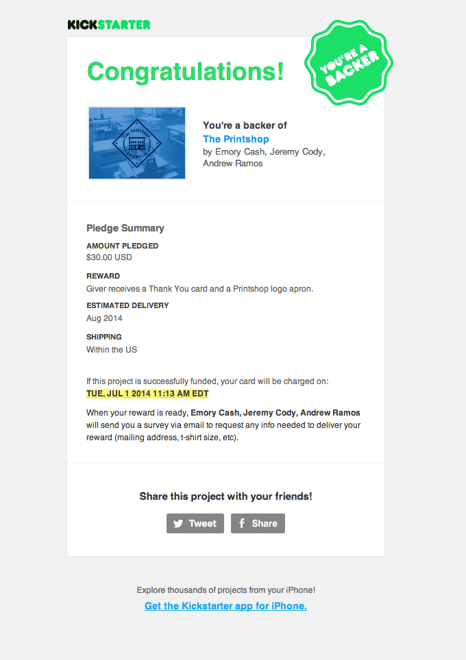 Thank you Receipt Email Design from Kickstarter