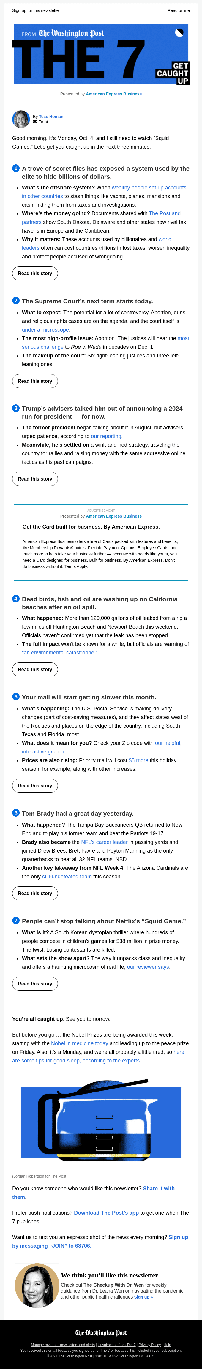 The 7: Mail will get slower this month; how global elite hide their riches; Tom Brady’s very good day; and more