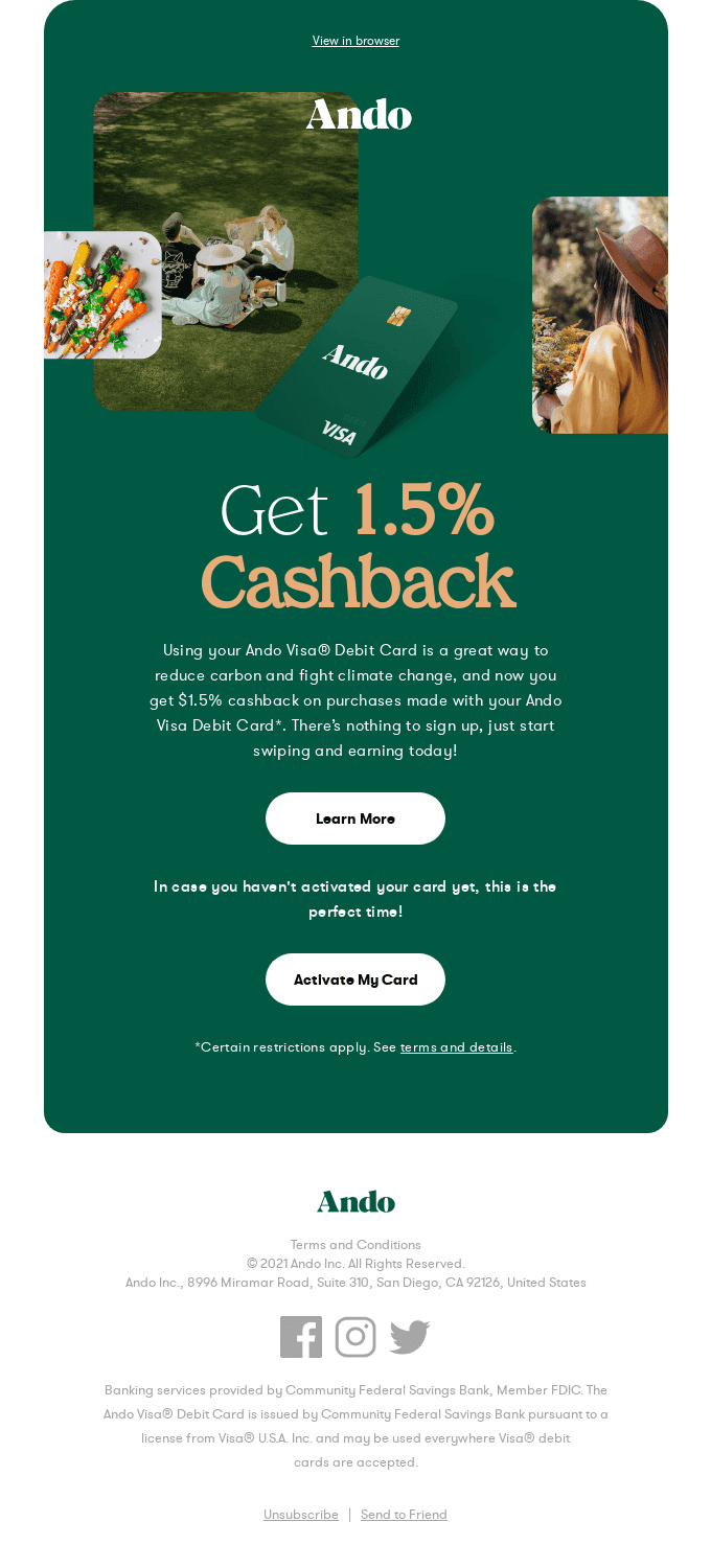 The Ando Visa® Debit Card Now Earns You 1.5% Cashback!