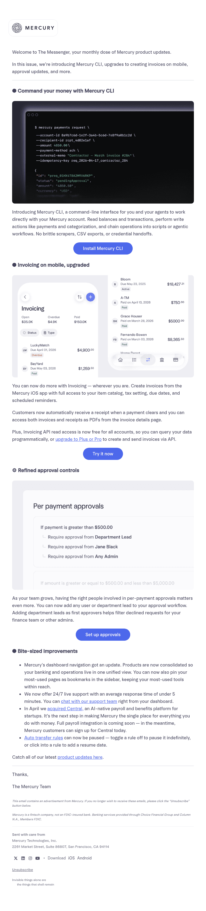 🕊The Messenger: Mercury CLI, invoicing on mobile, and more.
