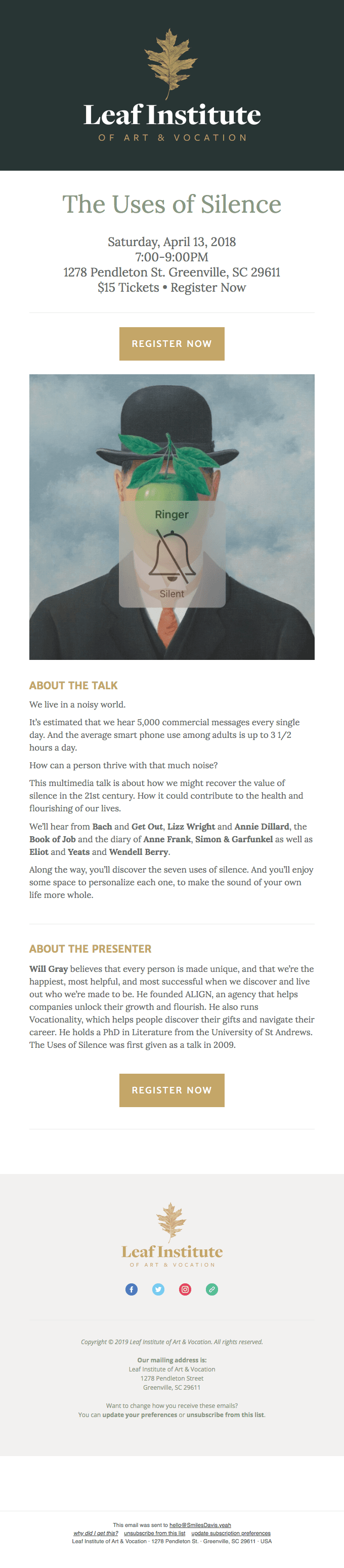 The Uses of Silence with Will Gray – 7pm Saturday, April 13th