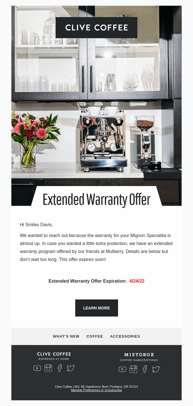 The warranty on your Mignon Specialita is expiring soon.