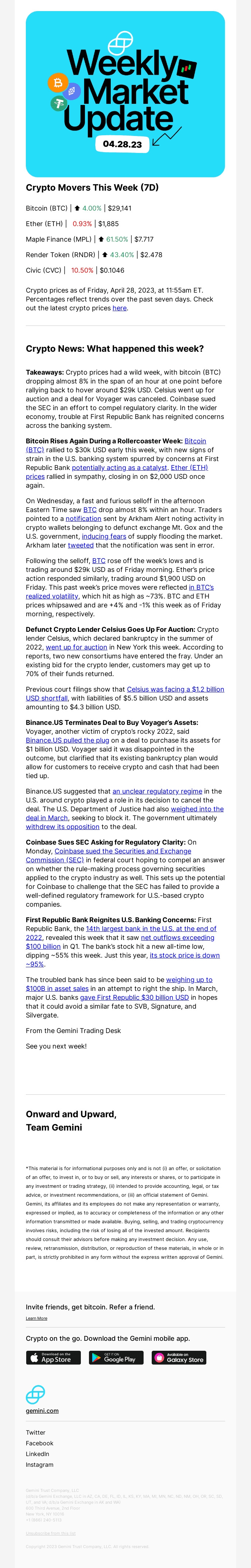 This week: a rollercoaster week in crypto prices, trouble at First Republic Bank, Celsius is up for auction, and Binance cancels a deal for Voyager
