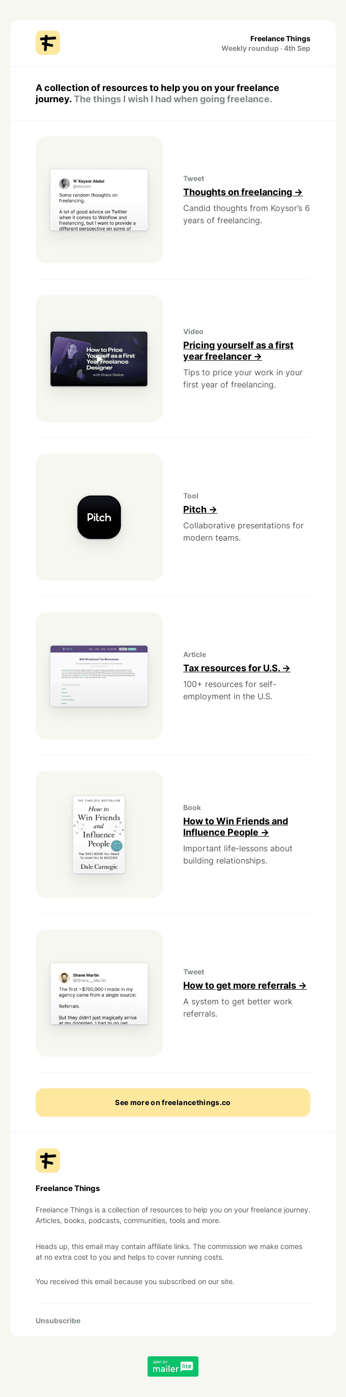 Thoughts on freelancing, first-year pricing, Pitch, U.S. tax resources, get more referrals, How to Win Friends and Influence People