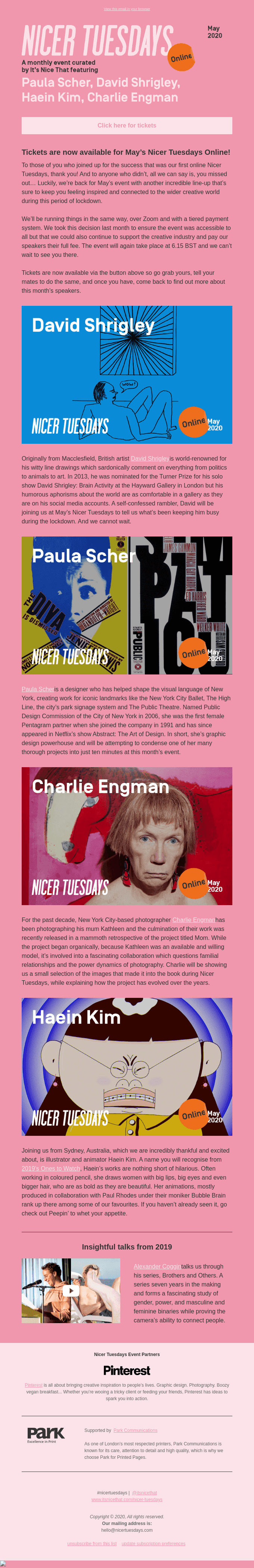Tickets are now available for May’s Nicer Tuesdays Online!
