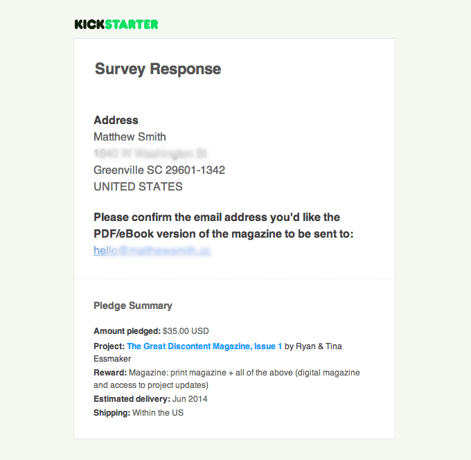 Transactional Receipt Email Design from Kickstarter