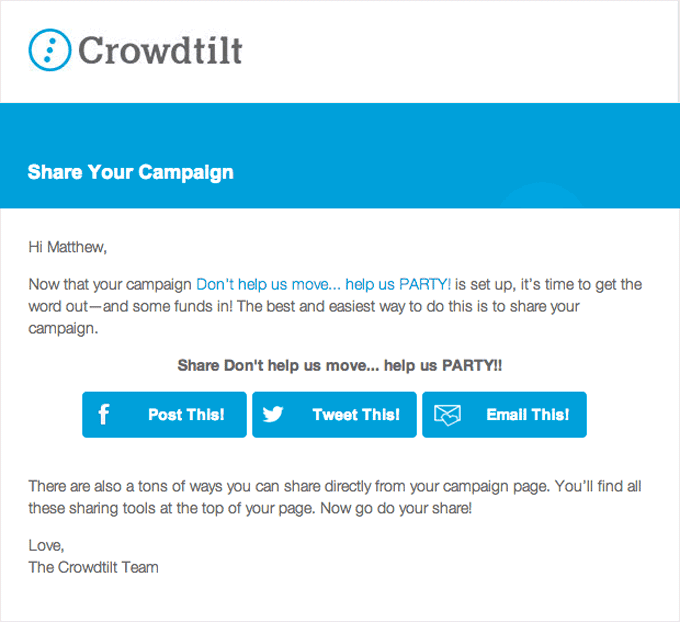 Transactional Sharing and Promotional Email Design from Crowdtilt