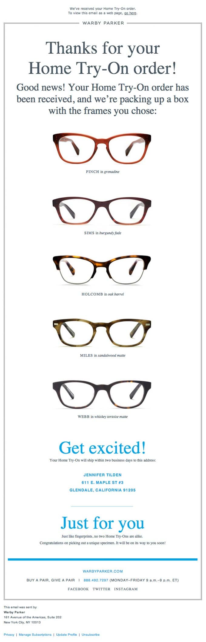 Transactional Update Email Design from Warby Parker