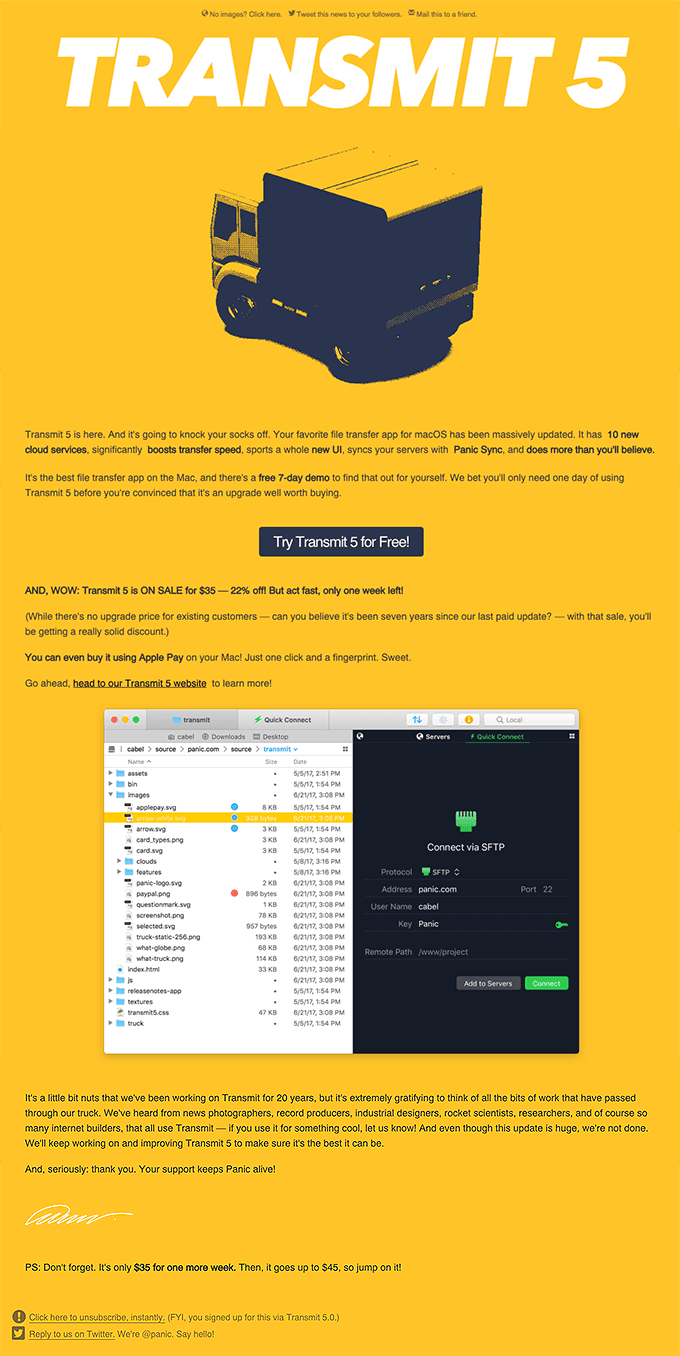 🚚 Transmit 5 is here! On sale for $35 — one week only.