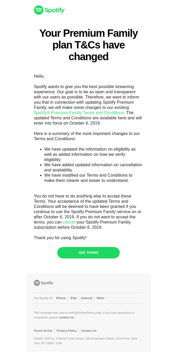 Update of Spotify Premium Family Terms and Conditions