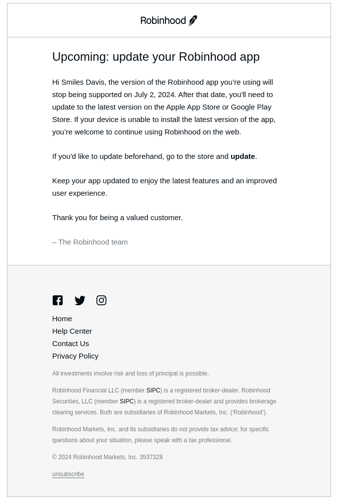Update your Robinhood app today