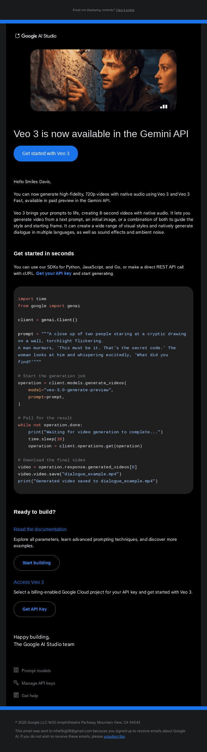 Smiles Davis, Veo 3 with native audio is now in the Gemini API