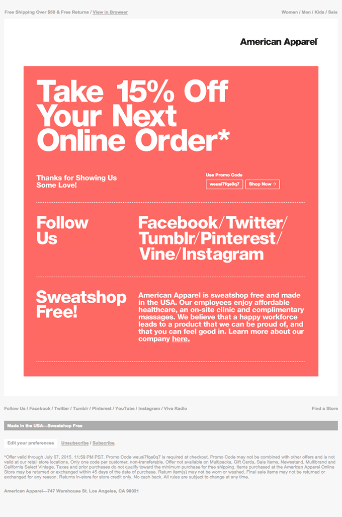 Welcome to American Apparel + 15% Off Your Next Order!