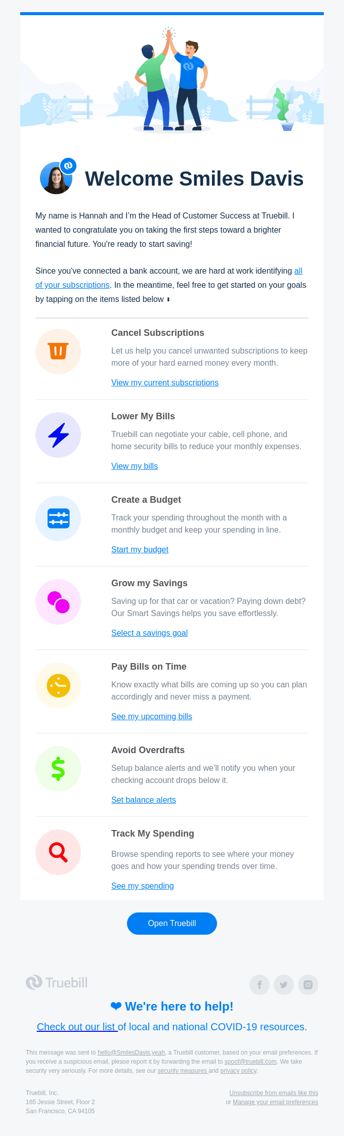 Welcome to Truebill -- Let's Start Saving!
