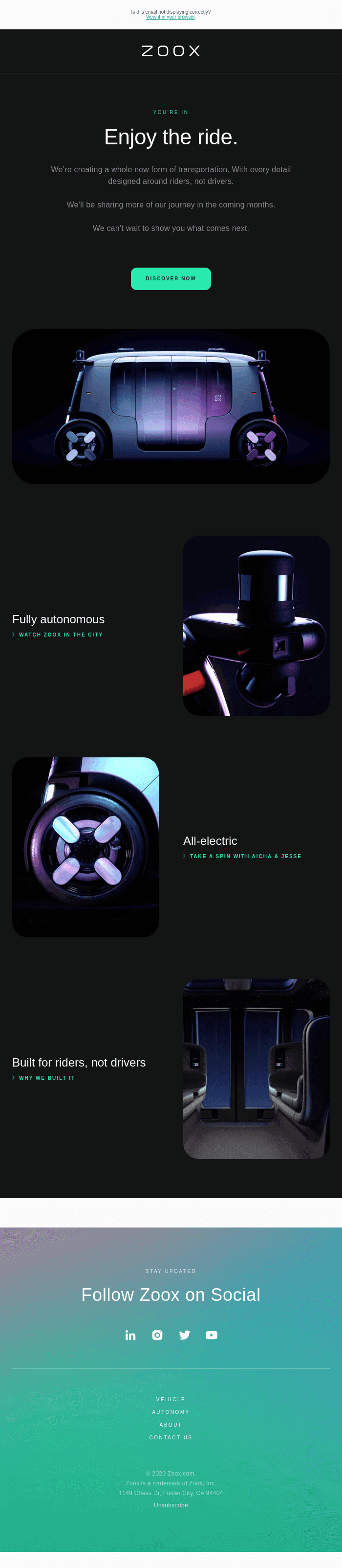 Welcome to Zoox. Thanks for signing up.
