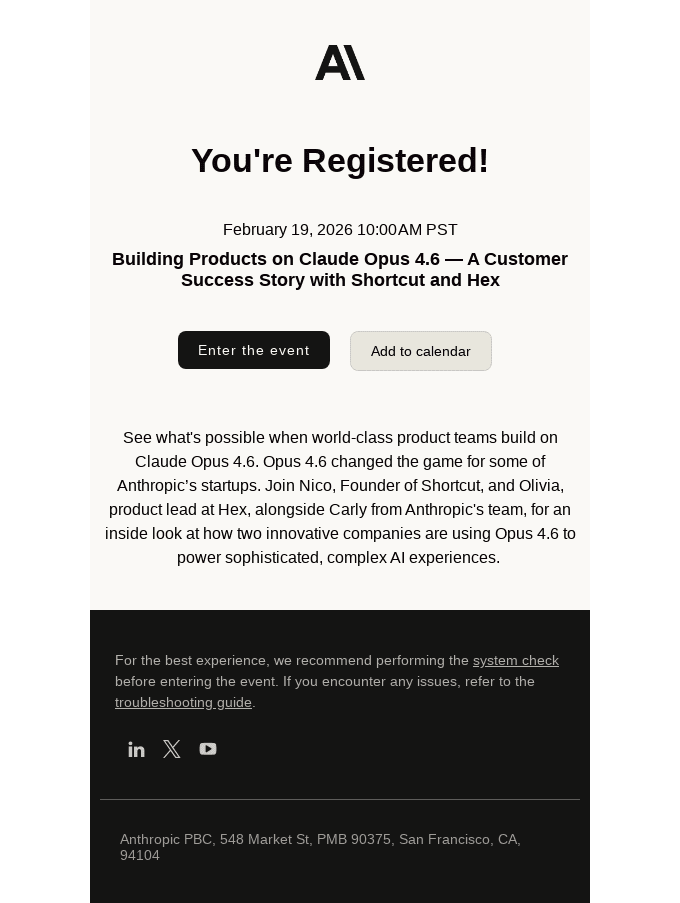 You are registered: Building Products on Claude Opus 4.6 — A Customer Success Story with Shortcut and Hex