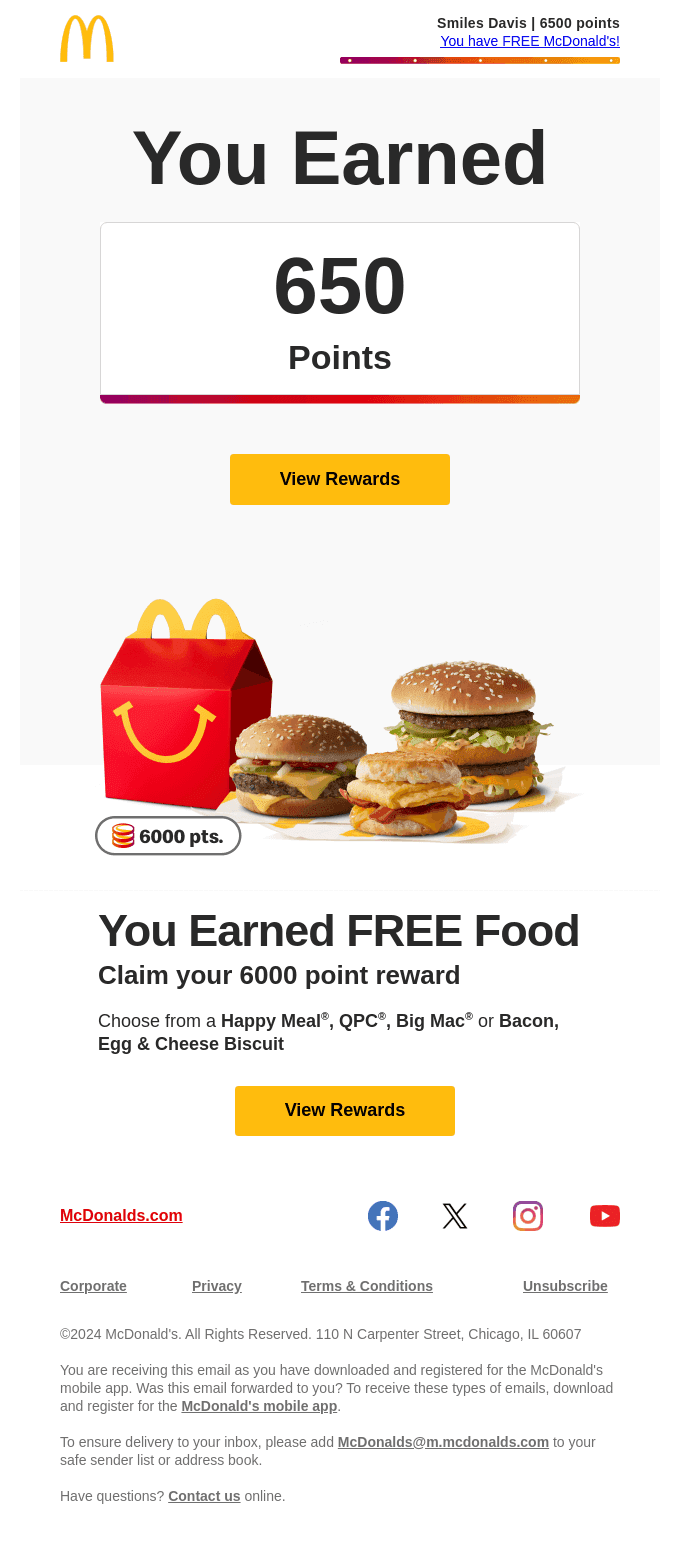 You earned 650 points toward FREE food 🎉