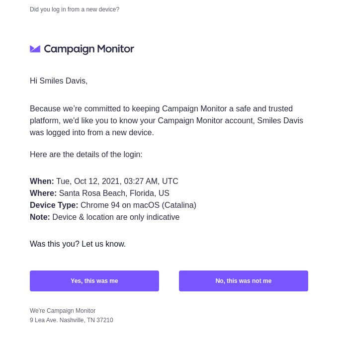 Your Campaign Monitor account has been accessed from a new device