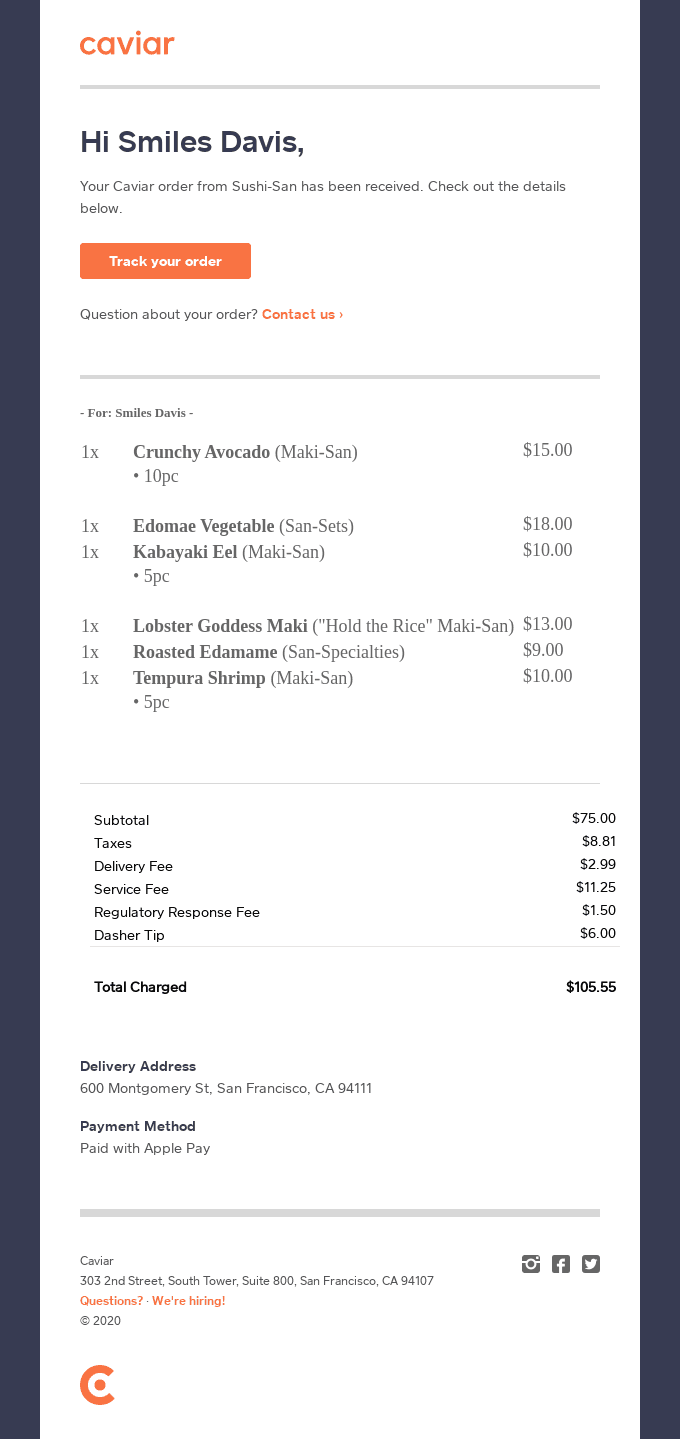 Your Caviar order from Sushi-San