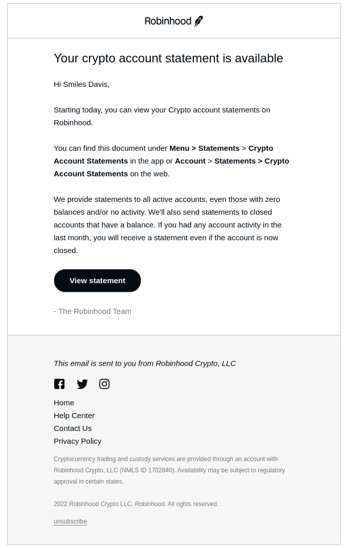 Your crypto account statement is available