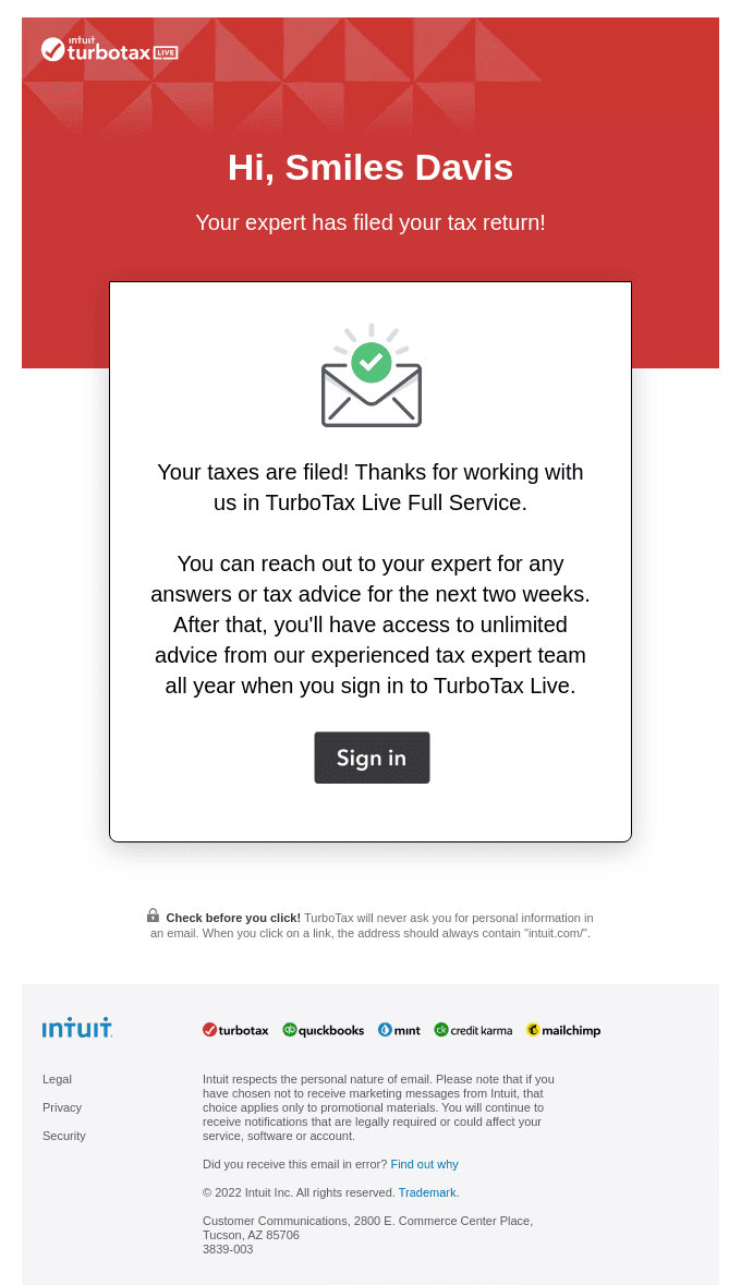 Your expert has filed your return!