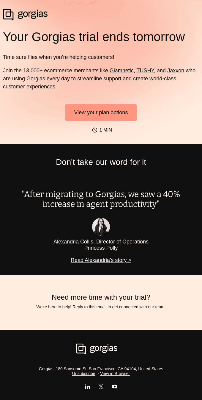 ⌛️ Your Gorgias trial ends tomorrow